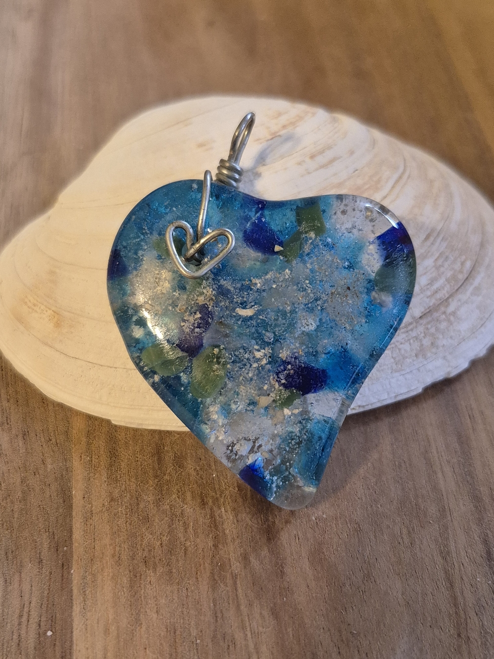 Handmade Blue Heart Glass Pendant Wire Wrapped